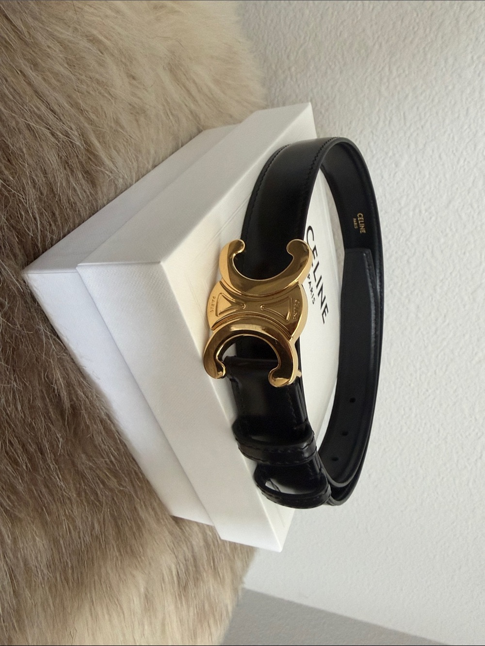 Celine Black Leather Belt with Gold Triomphe Buckle